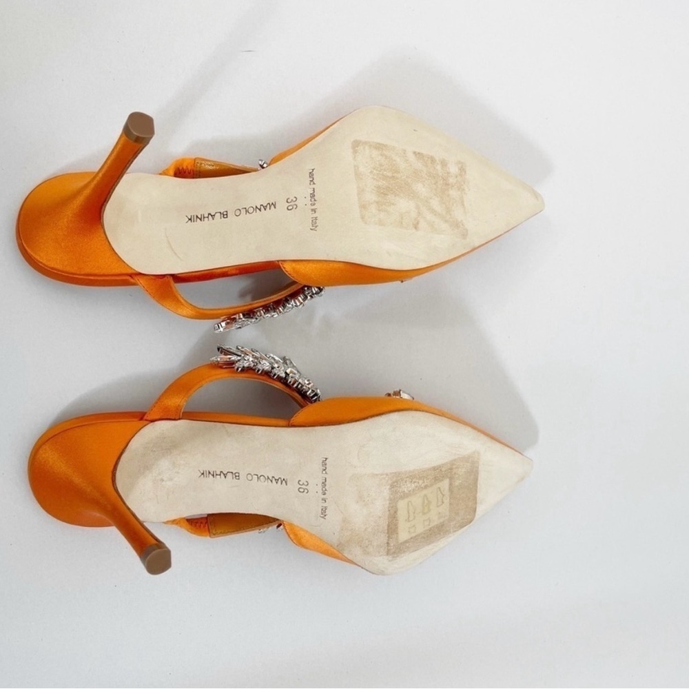 Manolo Blahnik Orange Lurum Crystal Satin Mules Heel - Picture 9 of 10